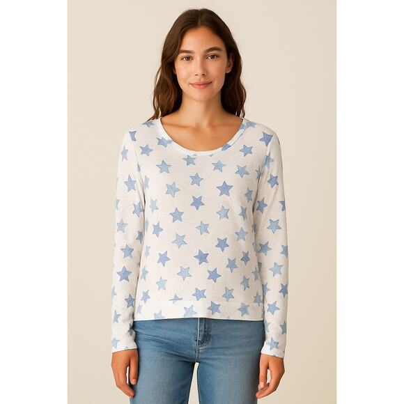 Chaser White Blue Star Print Long Sleeve Top w/ Back Cutout Size M - Picture 1 of 5